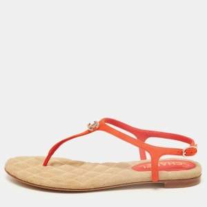 Chanel Orange Suede CC Embellished Ankle Strap Thong Flat Sandals Size 38