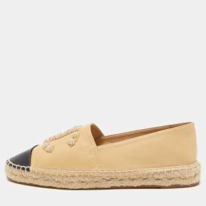 Chanel Beige/Black Leather Camellia CC Stud Espadrilles Size 40