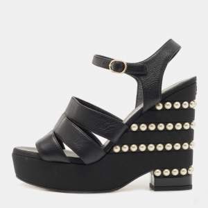 Chanel Black Leather CC Faux Pearl Wedge Strappy Sandals Size 37
