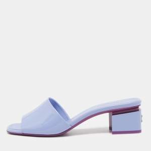 Chanel Blue Patent Leather CC Block Heel Slide Sandals Size 38