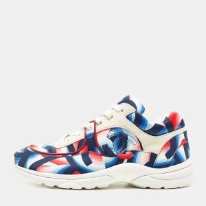 Pre Owned Chanel White/Blue Suede and Printed Satin CC Low Top Sneakers Size 40.5