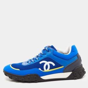 Pre Owned Chanel Blue/White Mesh and Leather CC Low Top Sneakers Size 37.5