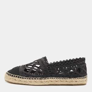 Chanel Black Canvas and Raffia  Interlocking CC Logo Espadrille Flats Size 40