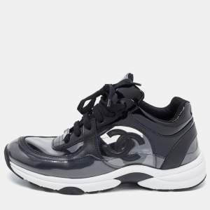 Pre Owned Chanel Black Patent Leather and PVC CC Low Top Sneakers Size 37.5