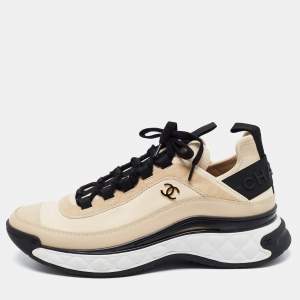 Pre Owned Chanel Beige Satin and Suede Calfskin Mixed Fibers CC Sneakers Size 39.5