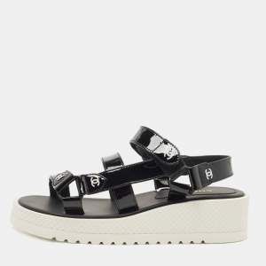 Chanel Black Patent Leather CC Velcro Strap Sandals Size 36