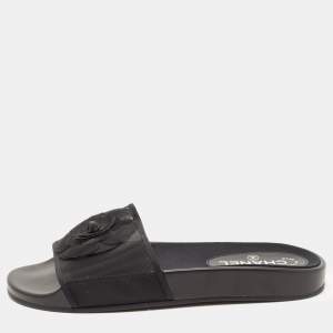 Chanel Black Mesh Camellia Slide Flat Sandals Size 40