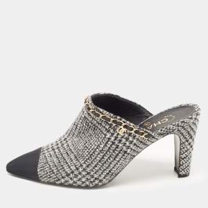 Chanel Grey/Black Wool and Canvas CC Chain Link Mules Size 38.5