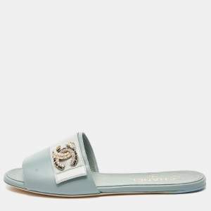 Chanel Pale Green Leather Crystal/Pearl Embellished CC Logo Flat Slides Size 38.5