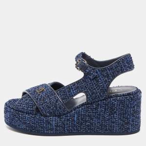 Chanel Blue Tweed Criss Cross CC Platform Sandals Size 38