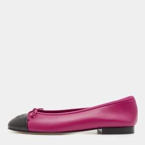 Pre Owned Chanel Pink/Black Leather CC Bow Ballet Flats Size 38.5