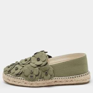 Chanel Olive Green Canvas CC Camellia Espadrille Flats Size 37