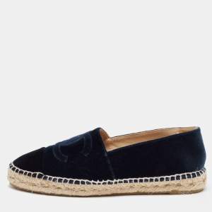 Chanel  Navy Blue Velvet CC Cap Toe Ballet Flats Size 40