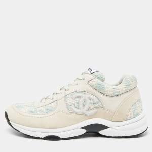 Chanel Tri Color Leather, Suede and Tweed CC Lace Up Sneakers Size 37.5