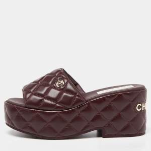 Chanel Burgundy Leather Espadrille Platform Wedge Slides Size 38
