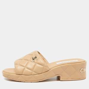 Chanel Beige Quilted Leather CC Platform Slide Sandals Size 38