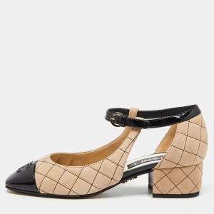 Chanel Beige/Black Suede and Patent Leather CC Cap Toe Mary Jane Flats Size 37.5