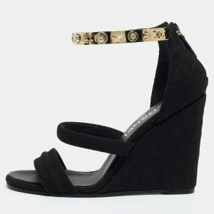 Chanel Black Canvas Logo Lucky Charms Wedge Quilted Pattern Sandals Size 37.5