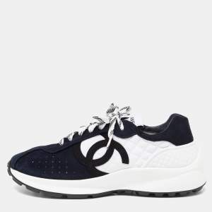 Pre Owned Chanel Tri Color Suede and Fabric CC Logo Low Top Sneakers Size 39.5