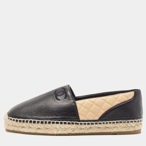 Chanel Beige/Black Quilted Leather CC Espadrille Size 41