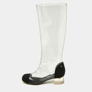 Chanel Transparent/Black PVC and Grosgrain Knee High Boots Size 38.5
