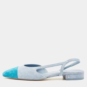 Pre Owned Chanel Two Tone Suede Cap Toe CC D'osray Slingback Flats Size 38