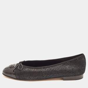 Chanel Black Metallic Suede and Patent Leather CC Cap Toe Bow Ballet Flats Size 42