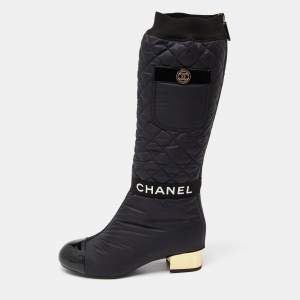 Chanel Black Nylon and Patent Leather Interlocking CC Knee High Sock Boots Size 38.5