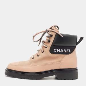 Chanel Pink/Black Leather and Suede Lace Up Ankle Boots Size 41