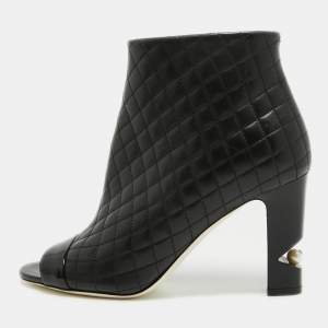 Chanel Black Quilted Leather and Patent Open Toe Ankle Booties Size 38.5