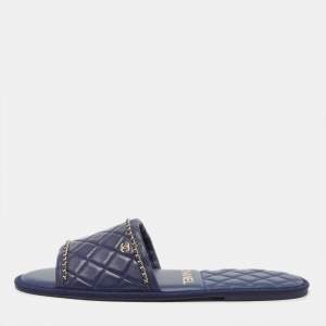 Chanel Navy Blue Leather Chain Link CC Flat Slides Size L