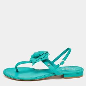 Chanel Green Leather Camellia Thong Sandals Size 40