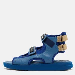Chanel Blue Quilted Leather and Neoprene CC Ankle Strap Flat Sandals Size 40