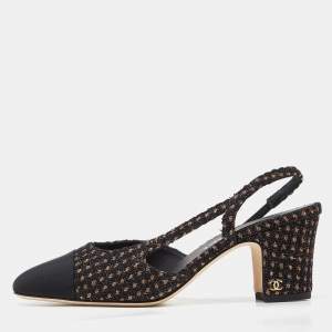 Chanel Black/Gold Tweed,Grosgrain and Canvas Cap Toe Slingback Sandals Size 37.5