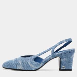 Pre Owned Chanel Blue Denim Cap Toe Slingback Sandals Size 37