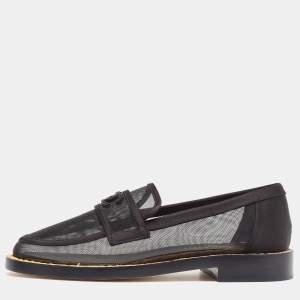 Pre Owned Chanel Black Mesh and Satin Beaded CC Slip On Loafers Size 37