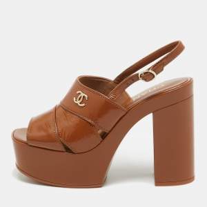 Chanel Brown Interlocking CC Logo  Leather Slingback Sandals Size 37
