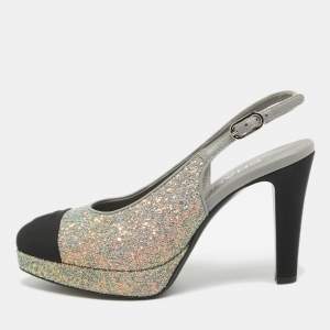 Pre Owned Chanel Grey/Black Glitter and Canvas Cap Toe Slingback Pumps Size 36.5