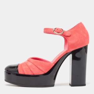 Chanel Pink/Black Suede and Patent Leather CC Platform Sandals Size 39