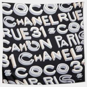 Chanel Black Coco Logo Print Silk Scarf