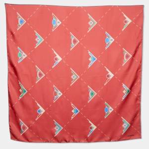 Pre Owned Chanel Coral Red CC Geometric Print Silk Scarf