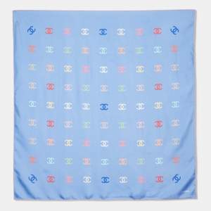 Chanel Blue CC Logo Print Silk Square Scarf