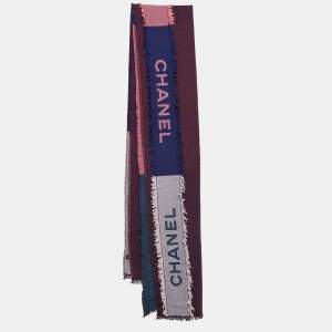 Pre Owned Chanel Multicolor Logo Pattern Cashmere and Silk Raw Edge Scarf