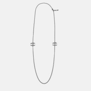 Pre Owned Chanel CC Crystals Gunmetal Tone Long Necklace