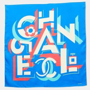 Chanel Blue Geometric Logo Print Silk Scarf