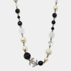 Chanel CC Beads Crystals Silver Tone Long Necklace