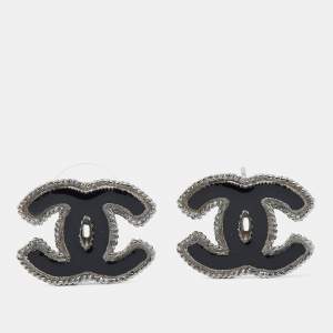 Chanel CC Enamel Silver Tone Earrings