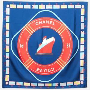 Pre Owned Chanel Navy Blue Logo Cruise Print Silk Square Scarf