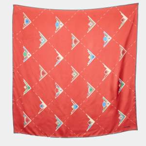 Chanel Brick Red Geometric CC Print Silk Square Scarf