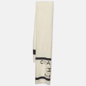Chanel Cream/Grey Logo Print Cashmere Knit Stole 